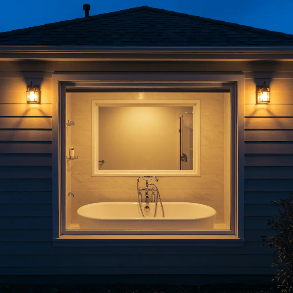 Suburban home exterior at dusk with illuminated windows showing a spotless bathroom and modern plumbing fixtures, representing completed after-hours plumbing repair service
