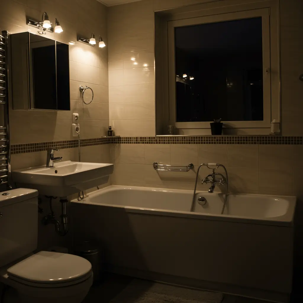 Pristine bathroom with modern chrome fixtures under warm evening lighting after emergency plumbing repair