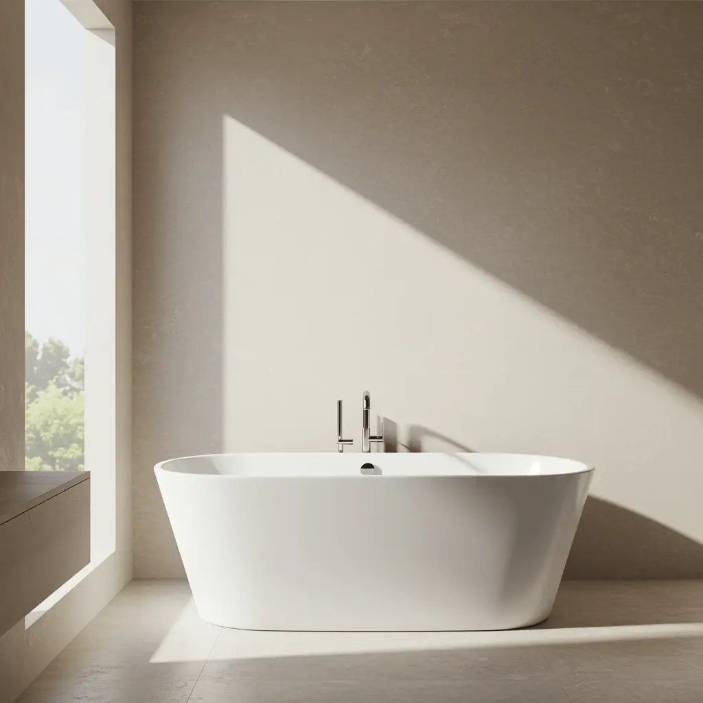 Clean bathroom with shining bathtub and chrome drain, representing professional drain cleaning services