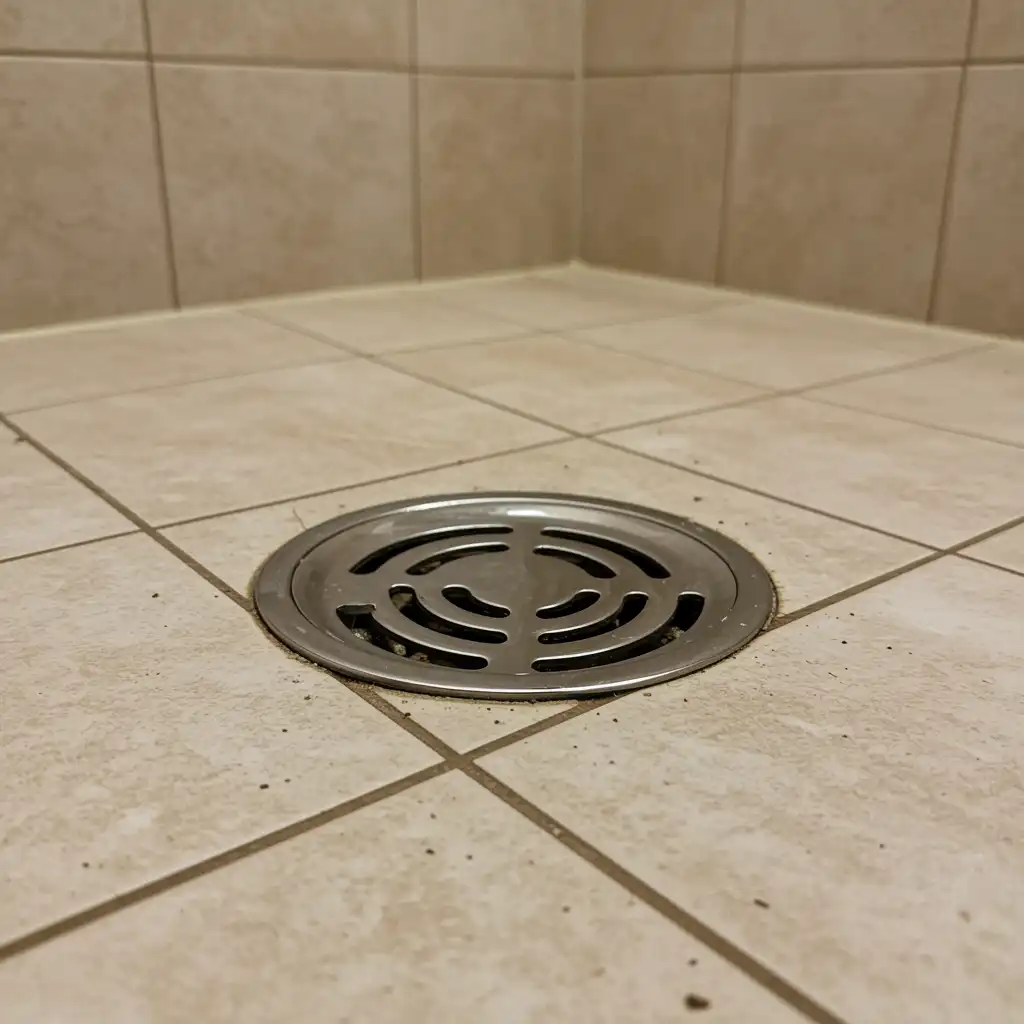 Clean bathroom shower drain after professional drain root removal service, showing a sparkling chrome drain cover and pristine tile floor