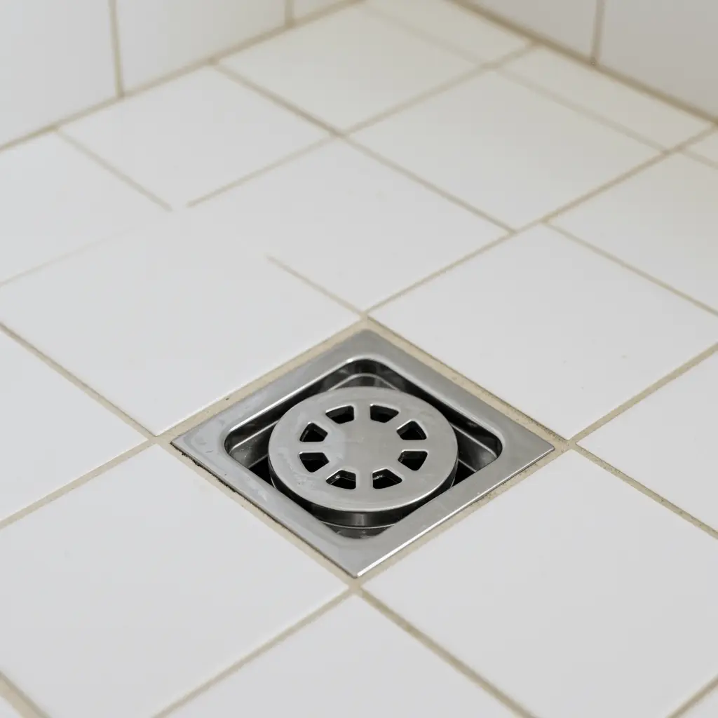 Pristine bathroom with a sparkling shower drain and chrome fixture after professional drain root removal service