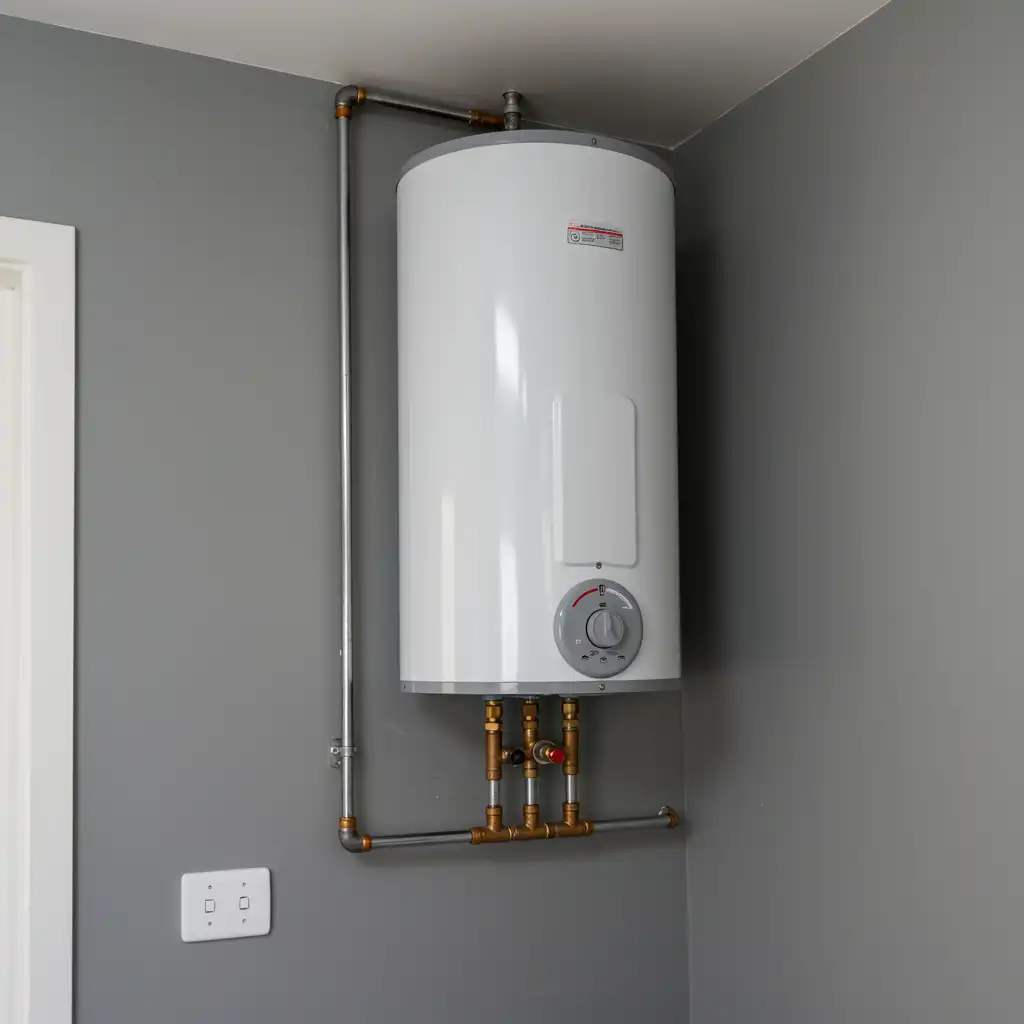 Pristine electric water heater installed on laundry room wall with clean chrome plumbing and soft gray walls
