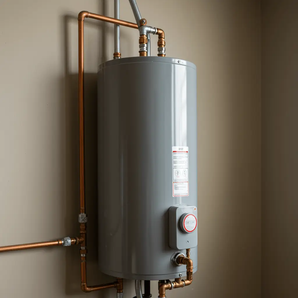 Pristine utility room featuring a new electric water heater with clean, professional installation