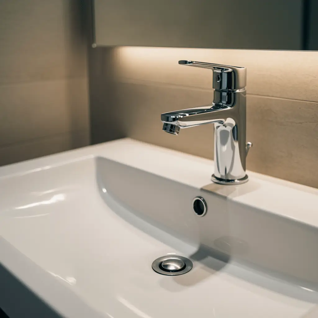 Pristine bathroom sink with a clear, unclogged drain and modern chrome faucet, highlighting results of emergency drain unclogging service