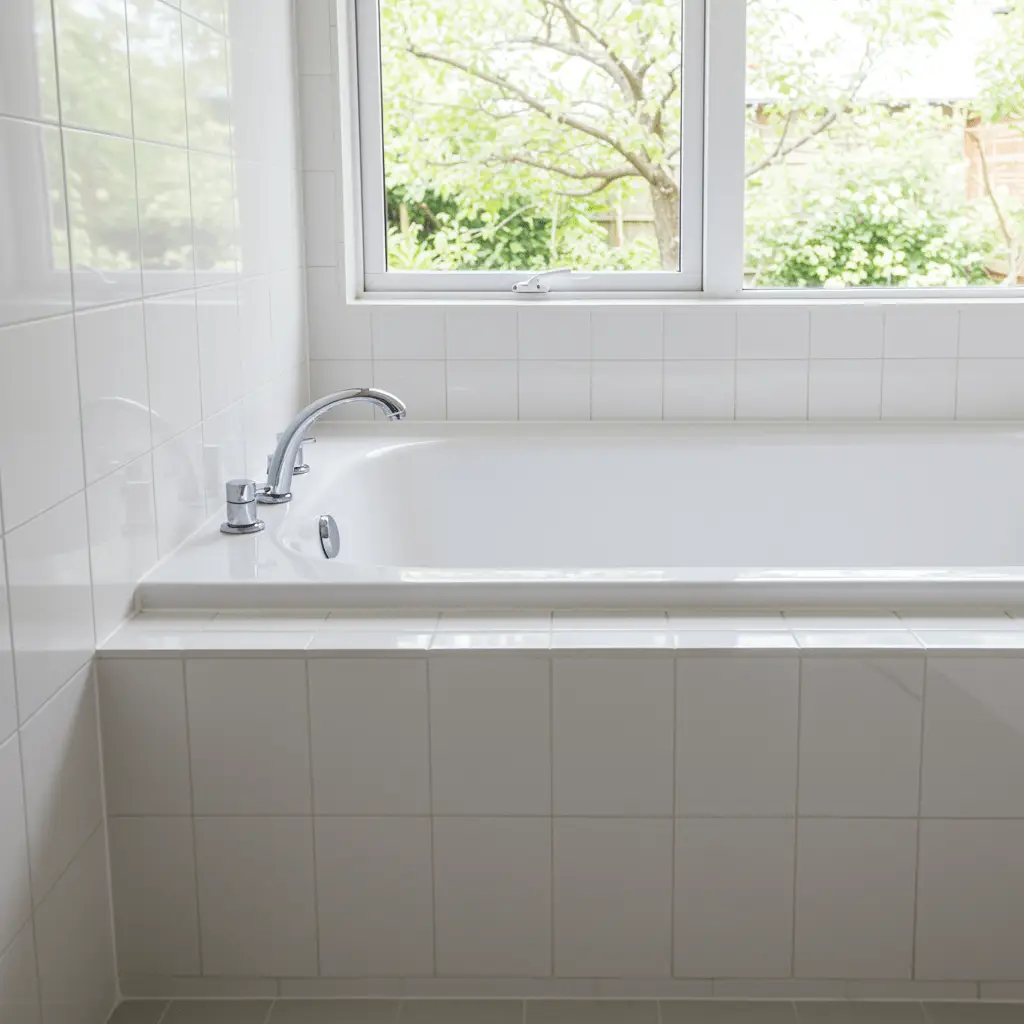 Pristine modern bathroom featuring a clean bathtub and polished chrome drain, representing expert emergency drain unclogging services