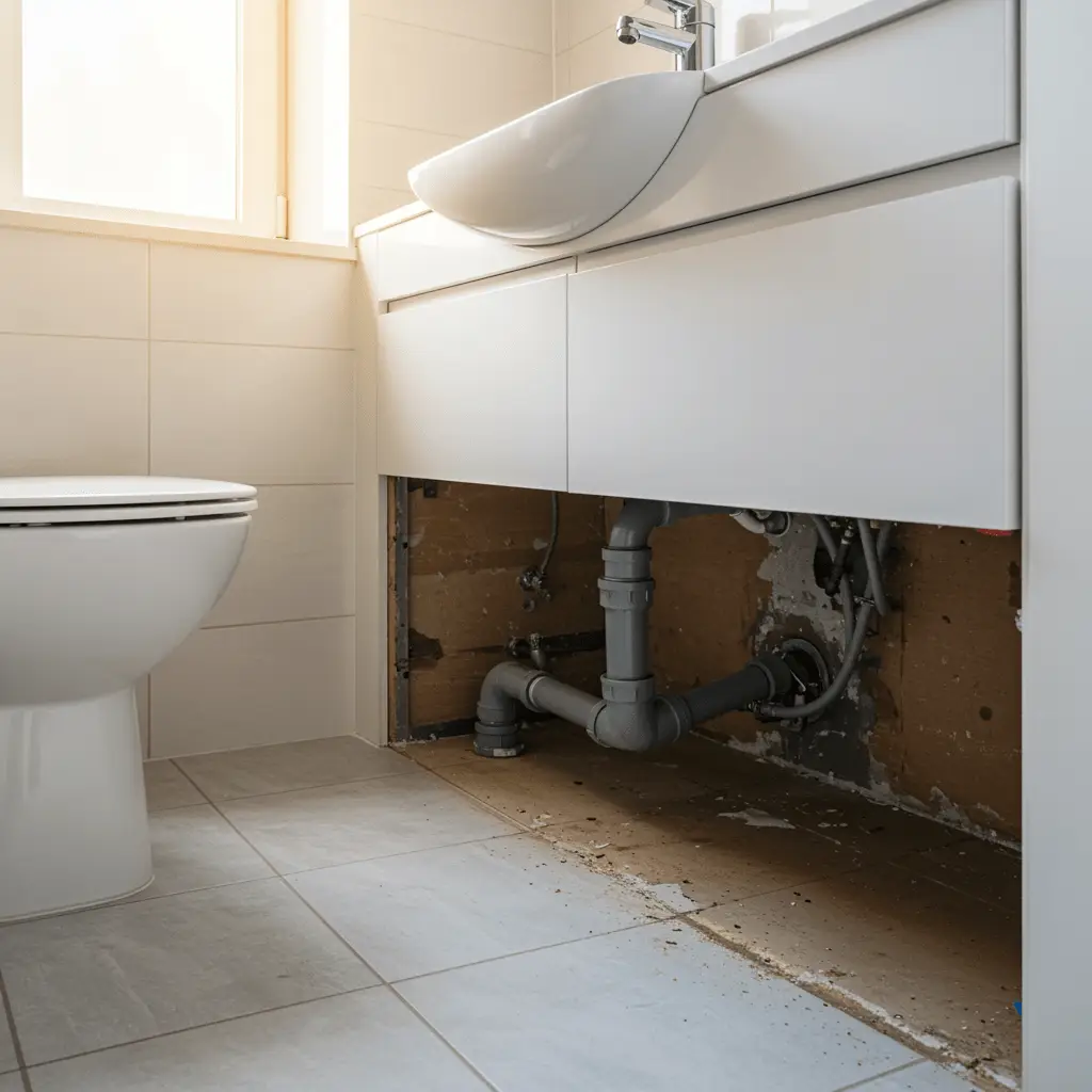 Restored bathroom showing repaired pipe and clean, dry space after emergency plumbing repair