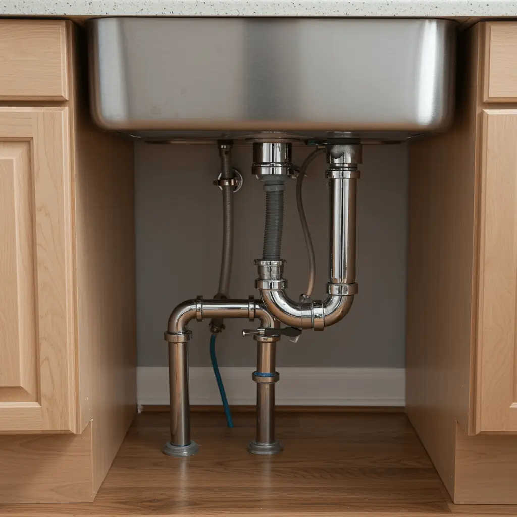Newly repaired pipe under kitchen sink in clean home setting after emergency plumbing service