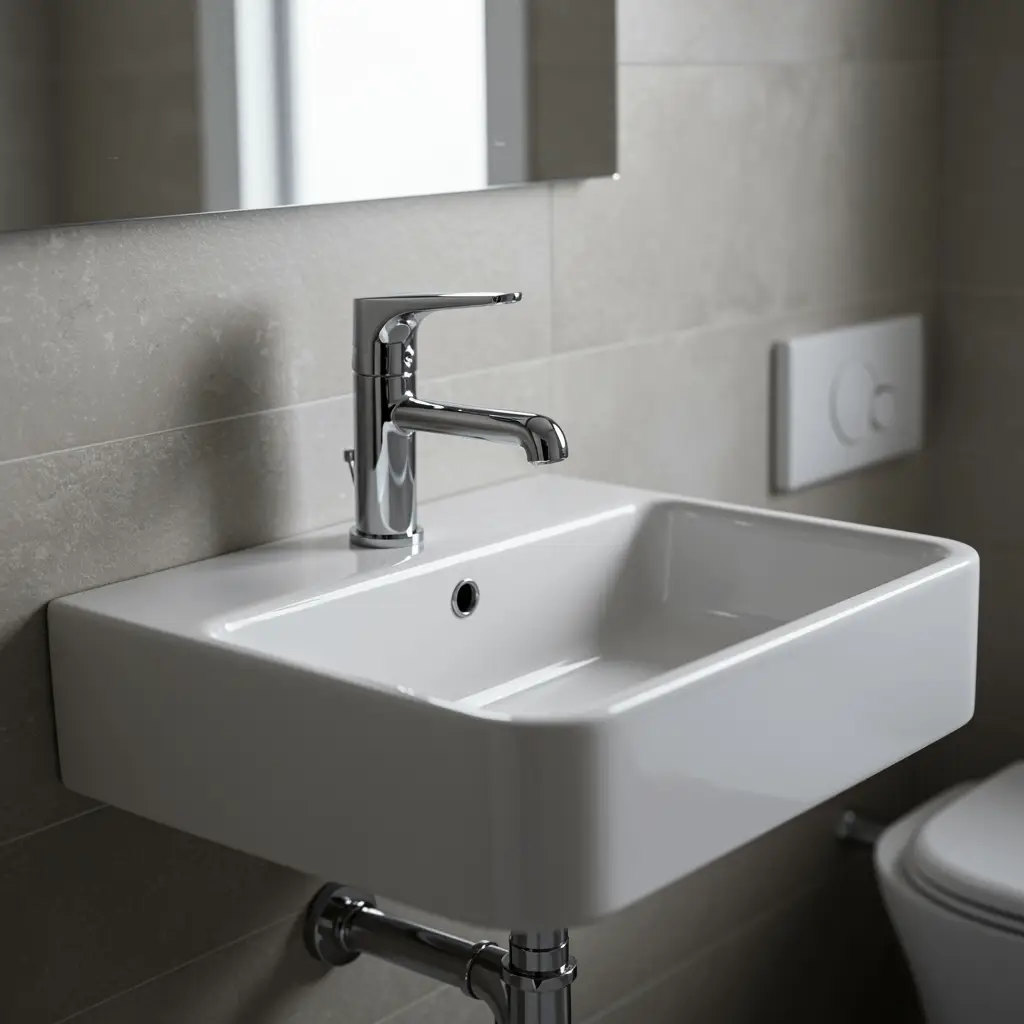 Beautifully restored bathroom sink with gleaming faucet after emergency plumbing repair