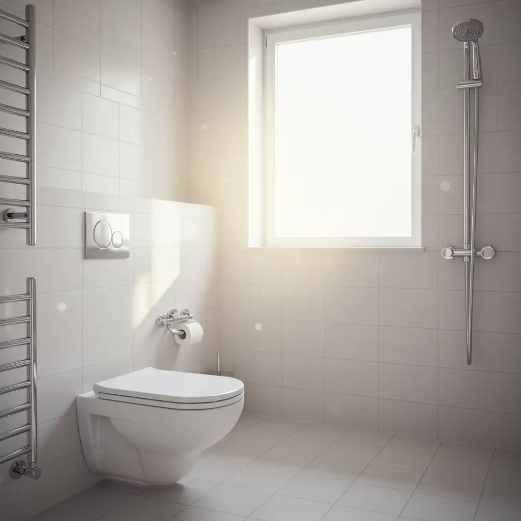 Spotless bathroom with clean toilet and sunlight for emergency sewer backup service