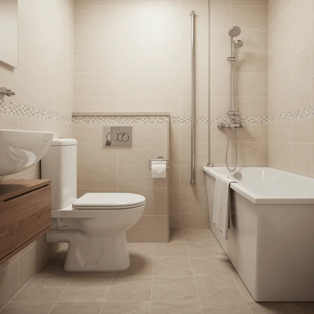 Pristine bathroom fully restored after a sewer backup, featuring a spotless toilet and dry, clean floors with warm natural lighting.