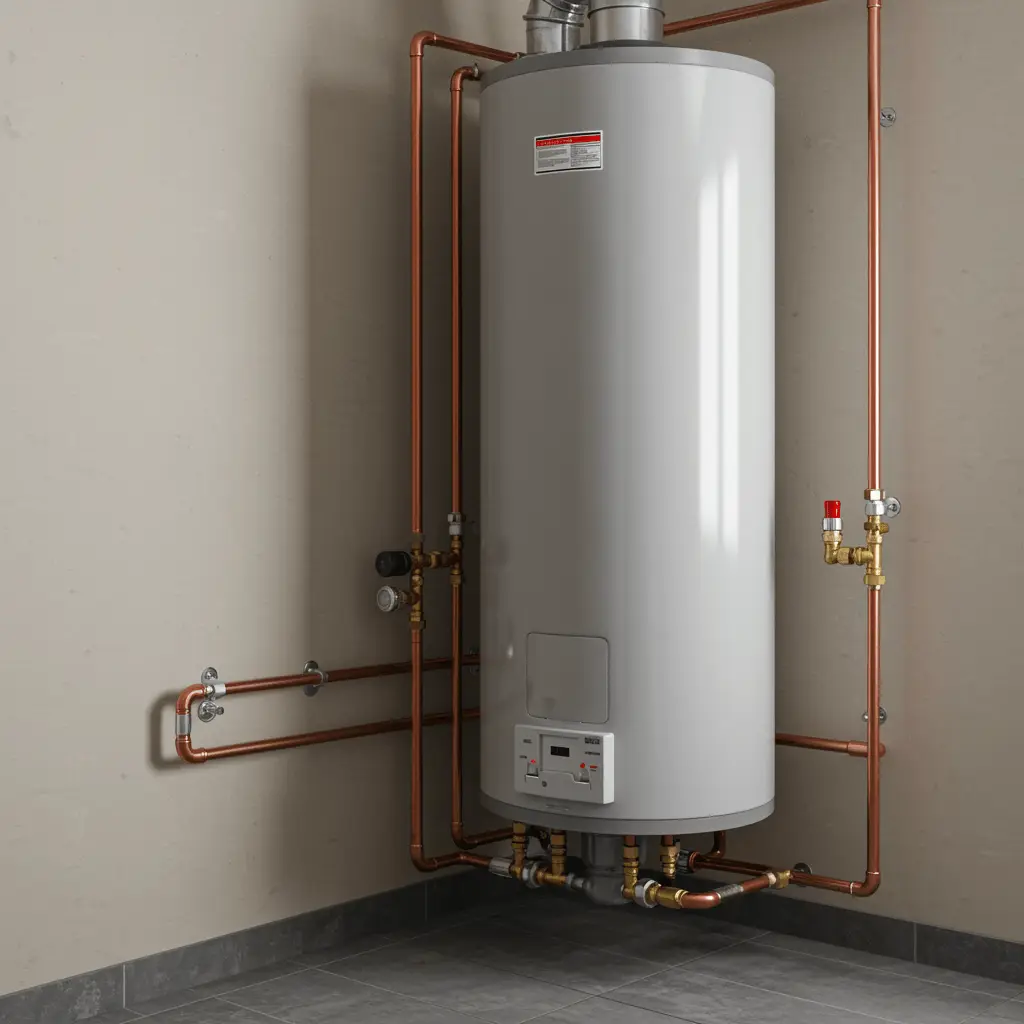 Newly installed gas water heater in a spotless utility room with chrome plumbing fixtures and neutral colored walls