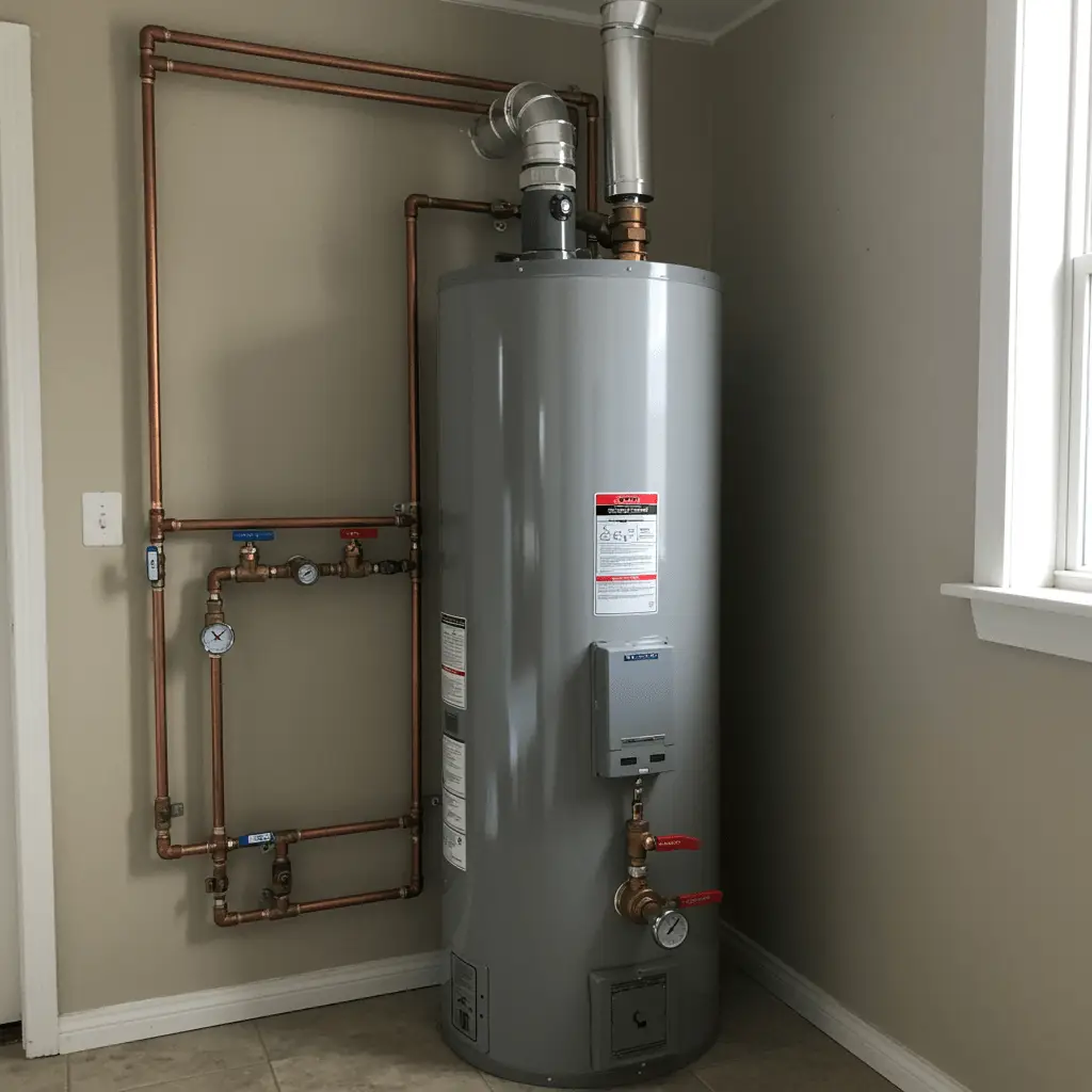 newly installed gas water heater with clean pipes and chrome fittings in a pristine utility room
