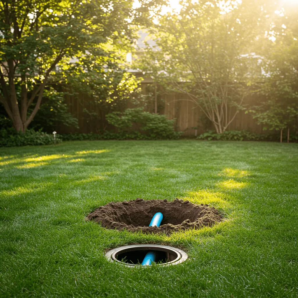 cleared main sewer line in sunny backyard after hydro jet root removal, clean exposed pipe with healthy green lawn, no people