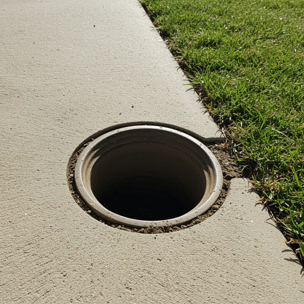 Pristine outdoor drain with clear water flow after hydro jet root removal, surrounded by clean landscaping and concrete