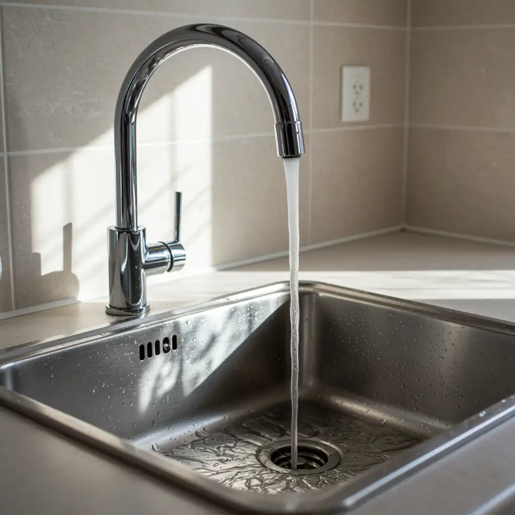 Pristine kitchen sink with water flowing down drain, chrome faucet, and spotless counters after professional hydro jetting plumbing service
