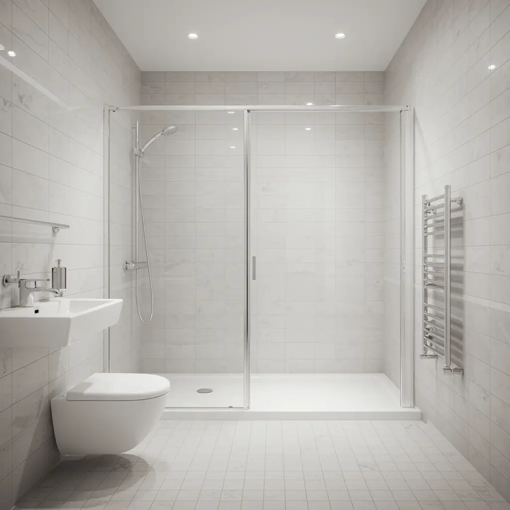 Pristine modern bathroom with shining chrome shower fixtures and freshly cleaned tile floor, representing professional hydro jetting cleaning service results