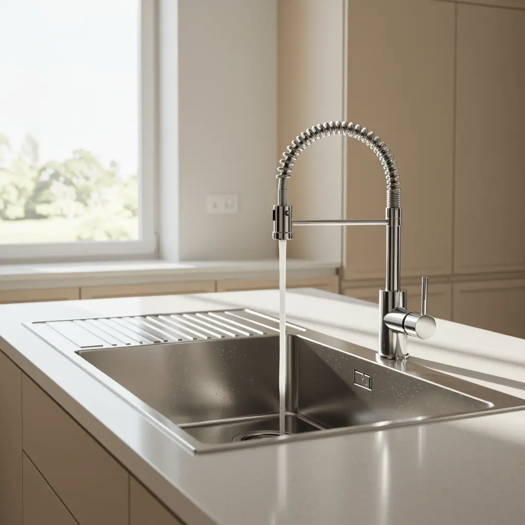 Clean kitchen sink with sparkling stainless steel basin and faucet, water draining smoothly after professional plumbing drain cleaning service