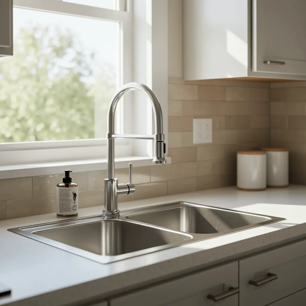 Spotless modern kitchen with a gleaming stainless steel sink and faucet after professional drain cleaning service
