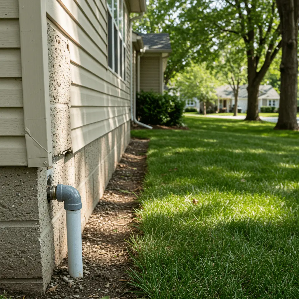 Professionally repaired exterior water pipe on suburban home foundation, finished and leak-free in bright daylight