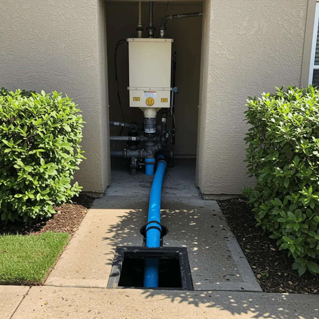 Residential home exterior featuring a freshly cleaned main sewer line access, surrounded by tidy landscaping, showing results after main line drain cleaning service