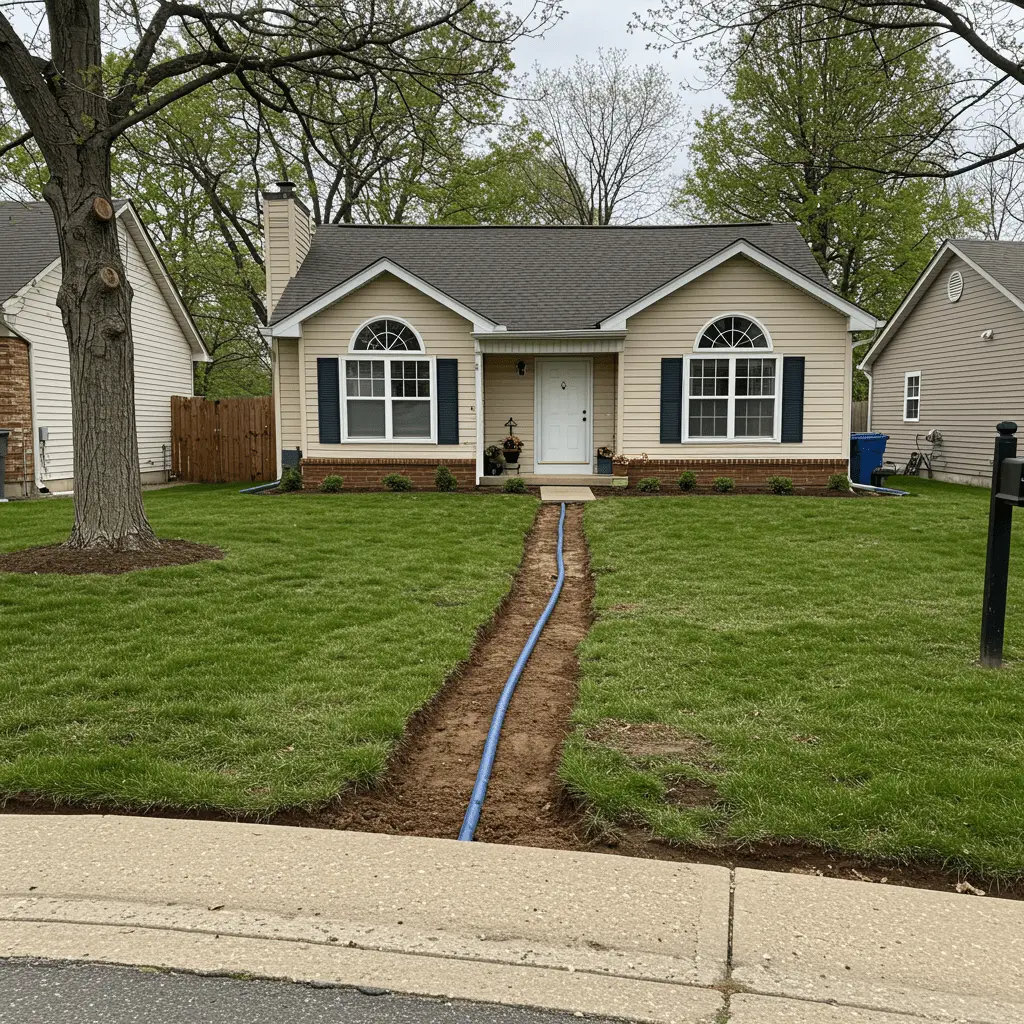 Main sewer line repair completed on a suburban home with new turf and seamlessly blended lawn, no visible people or tools
