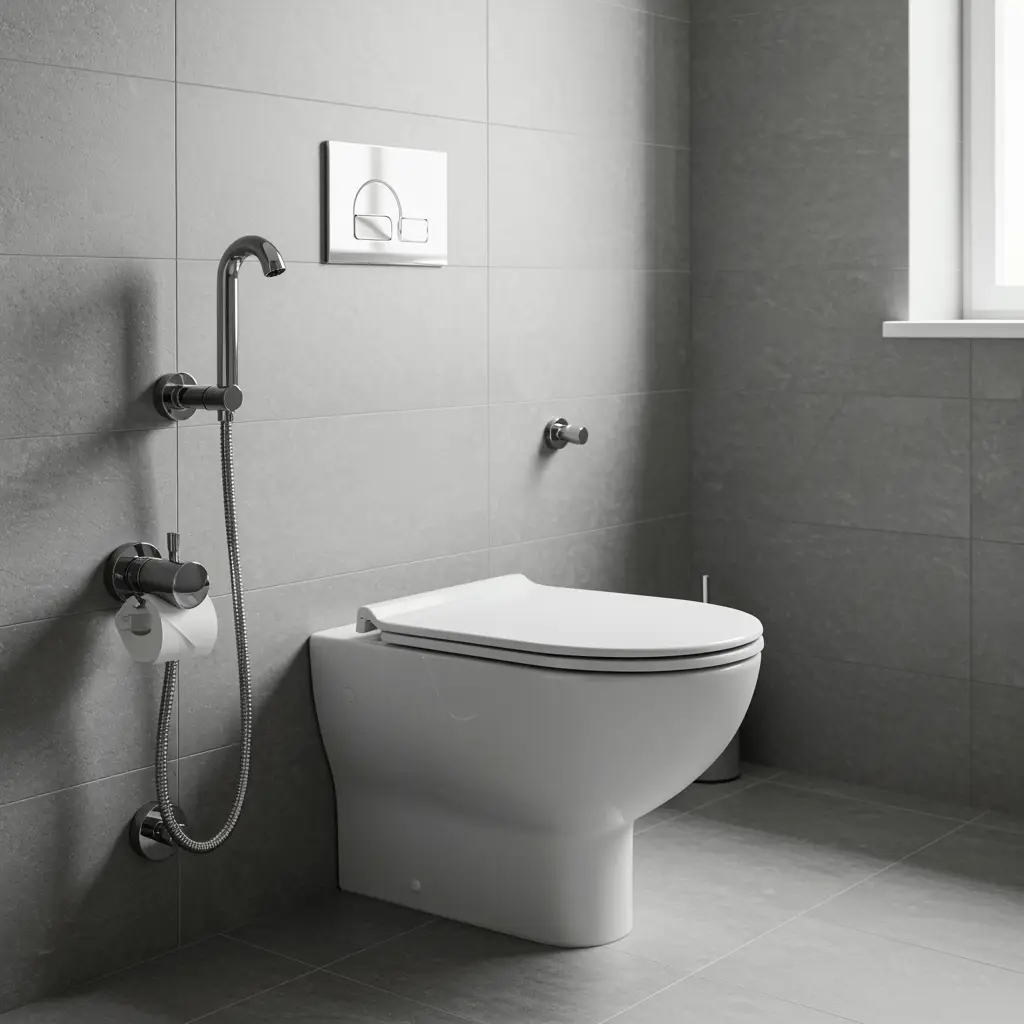 Newly finished bathroom with modern toilet and polished chrome plumbing fixtures after professional plumbing service