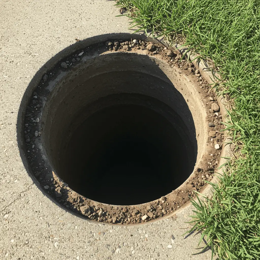 Pristine sewer drain opening on a neatly maintained lawn after professional root removal service