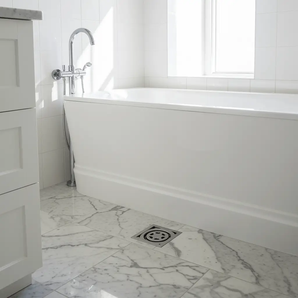 Bathroom with spotless bathtub and plumbing, free of tree root intrusion after professional drain clearing service