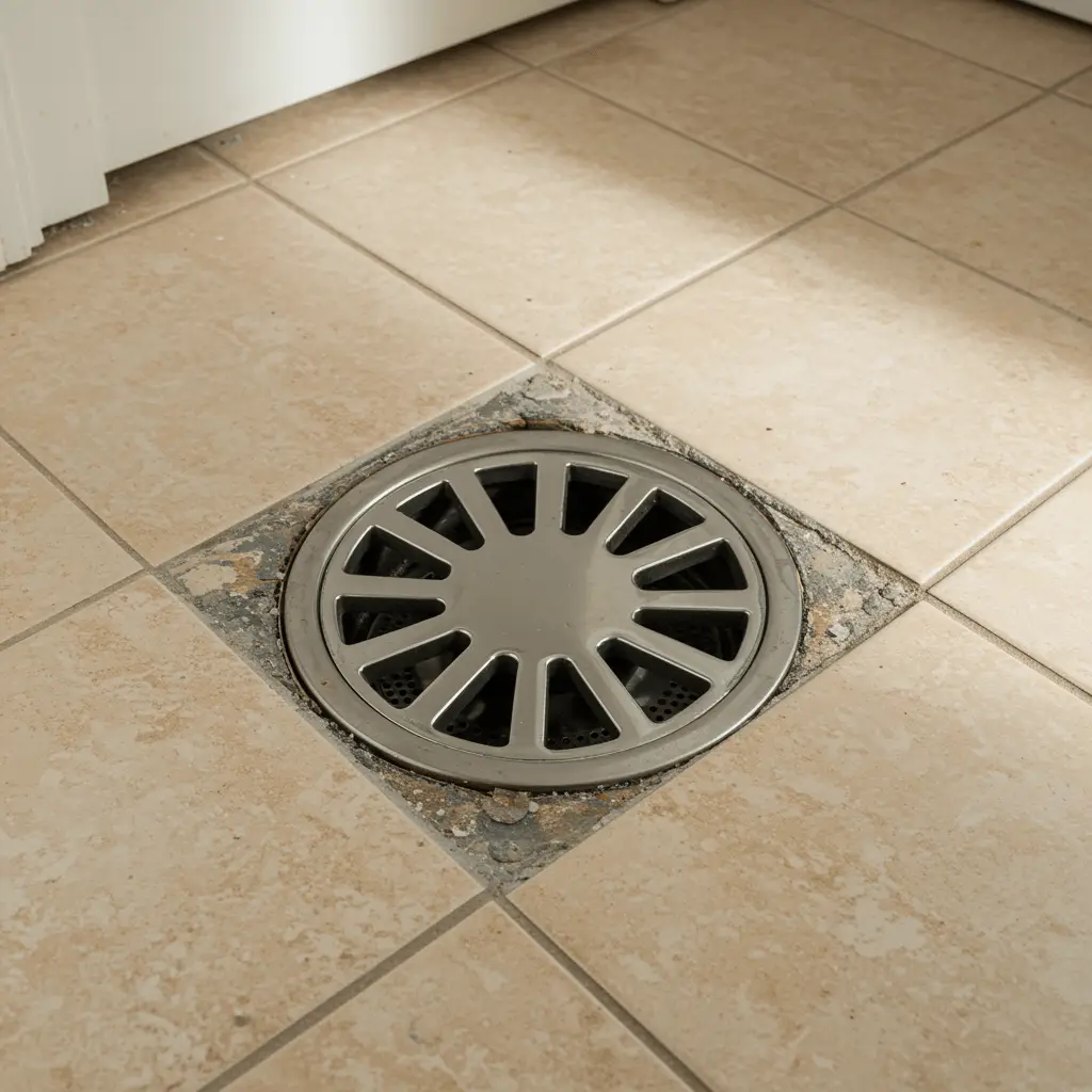 Restored residential floor drain after root intrusion plumbing service with clean chrome grate in a tidy laundry room