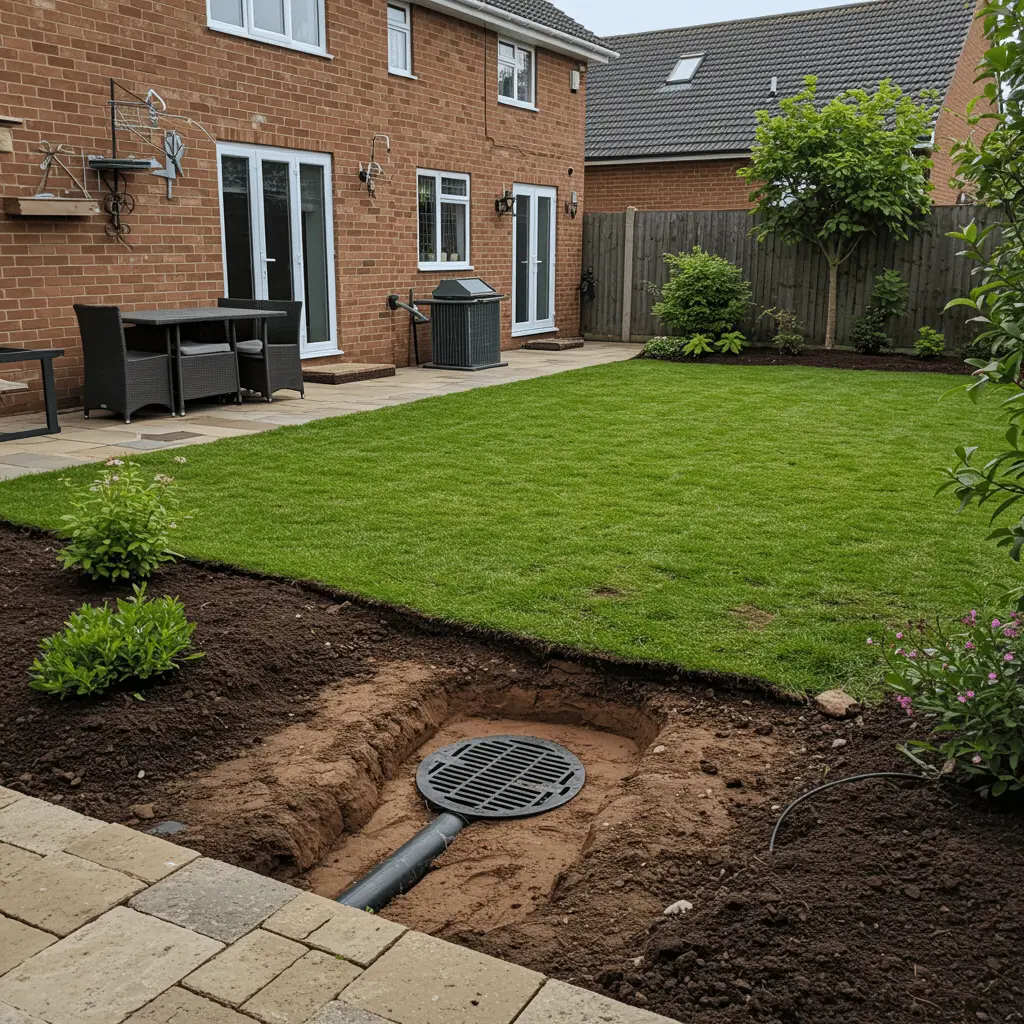 Backyard view of a suburban home with freshly restored lawn and garden beds showing seamless sewer repair work, no people