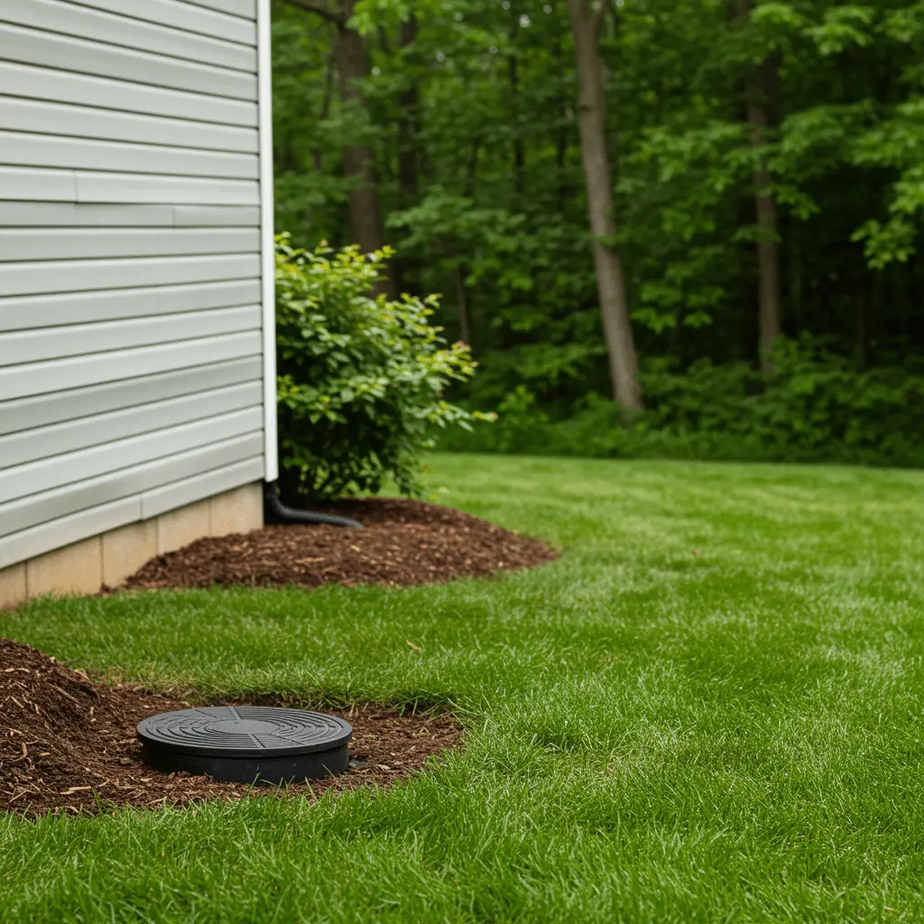 freshly completed sewer line replacement with new cleanout cap installed in a well-kept backyard