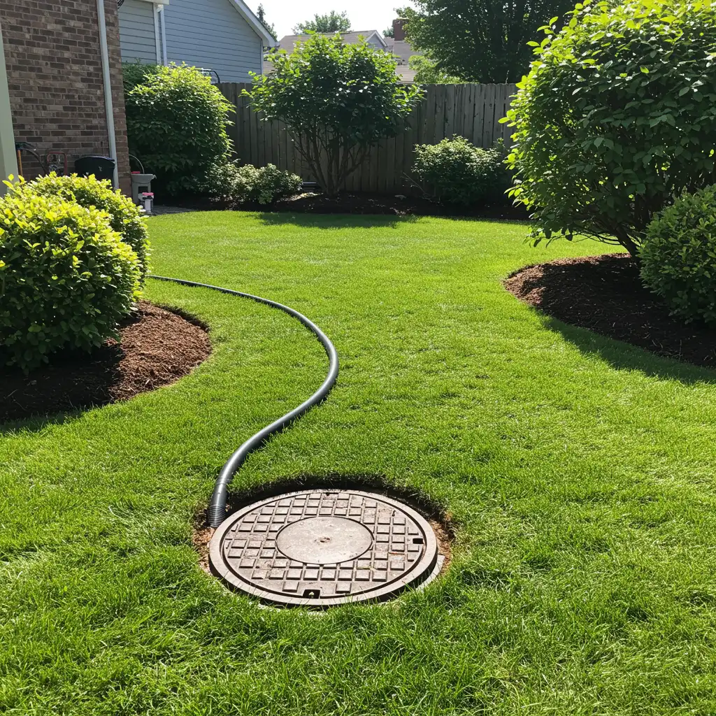 Freshly relined outdoor sewer pipe access in a clean suburban backyard with green grass