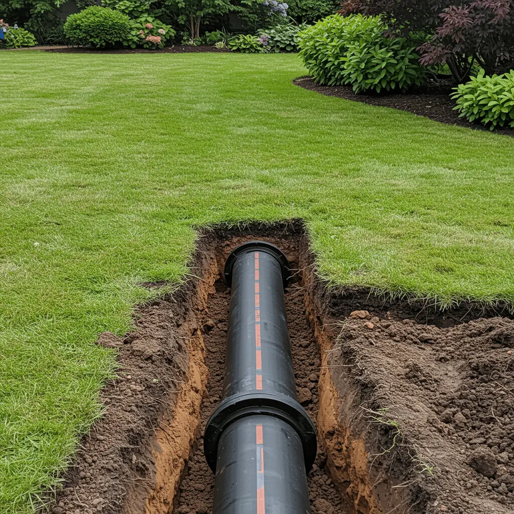 Completed sewer pipe relining work with clean finished pipeline and restored landscaping