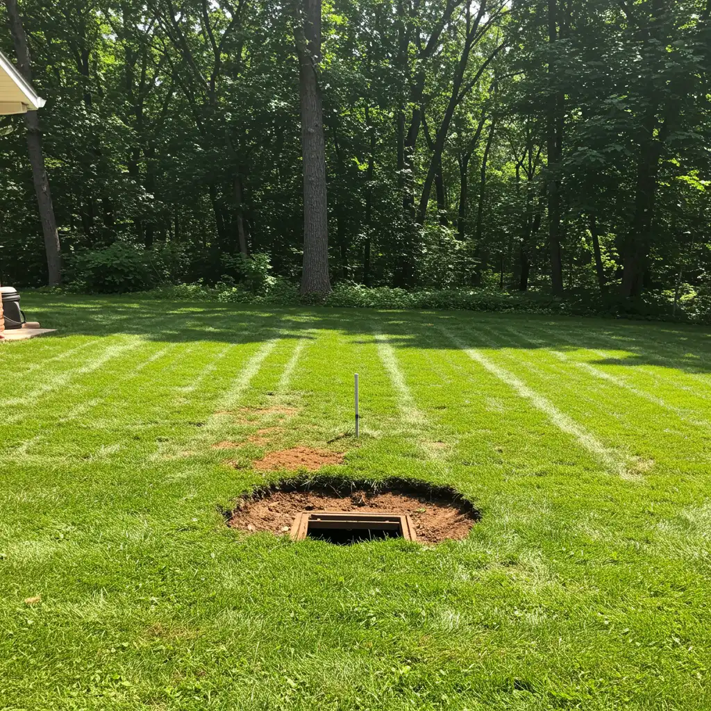 Restored residential yard with clean grass and trees after sewer root removal service