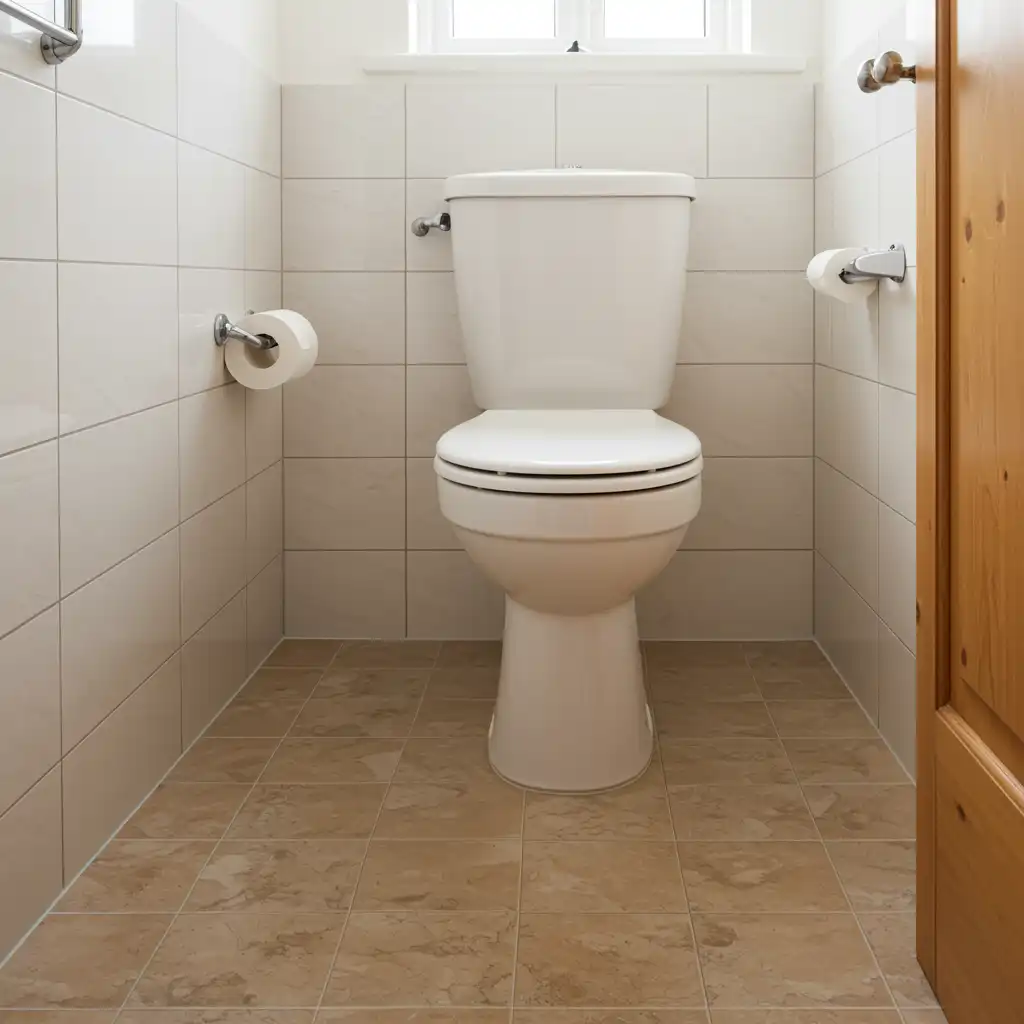 Bathroom with toilet and floor in pristine condition after sewer root removal, no visible water damage.