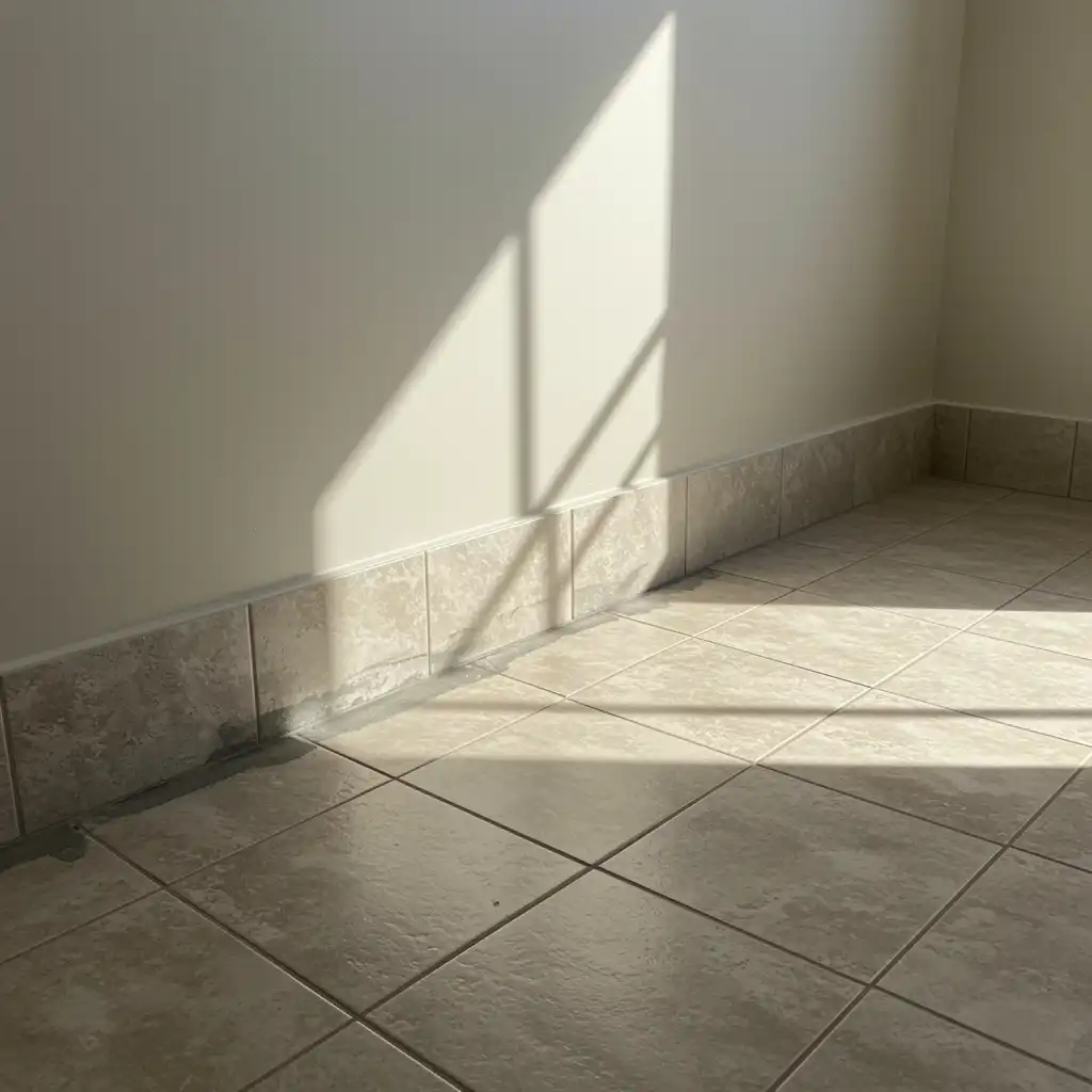 Finished modern bathroom with tile flooring after slab leak repair, clean and seamless plumbing repair work
