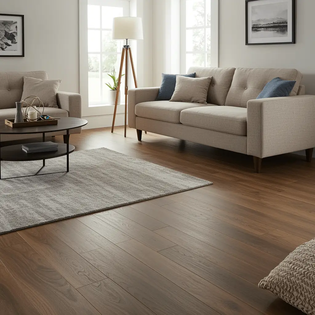Beautifully repaired living room floor after slab leak repair, with flawless hardwood and clean baseboards