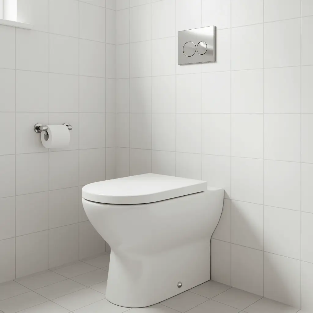 Newly installed toilet in a bright modern bathroom with clean tiles and chrome fixtures