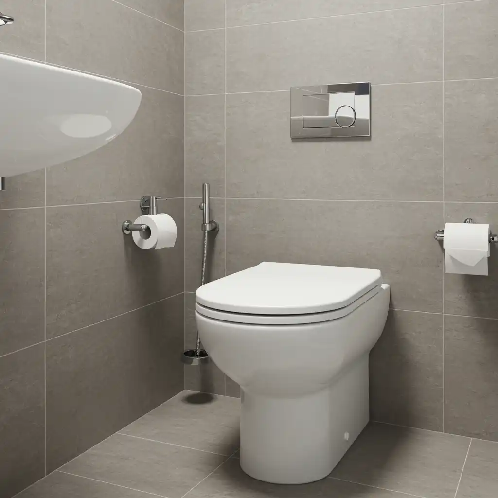 Clean modern bathroom highlighting a pristine, newly repaired toilet with chrome fixtures, ideal for professional plumbing service page