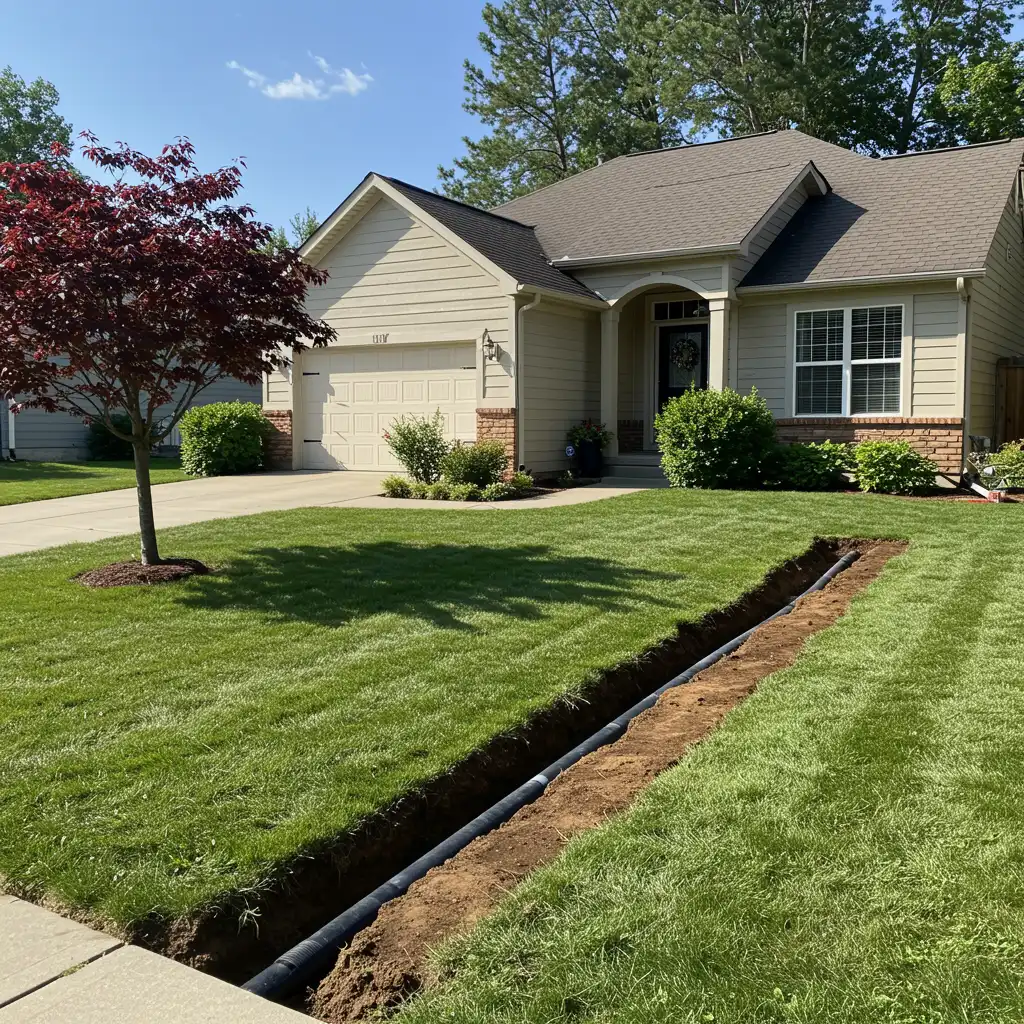 Flawless suburban lawn and walkway after trenchless sewer repair, showing undisturbed landscape with no visible construction or tools