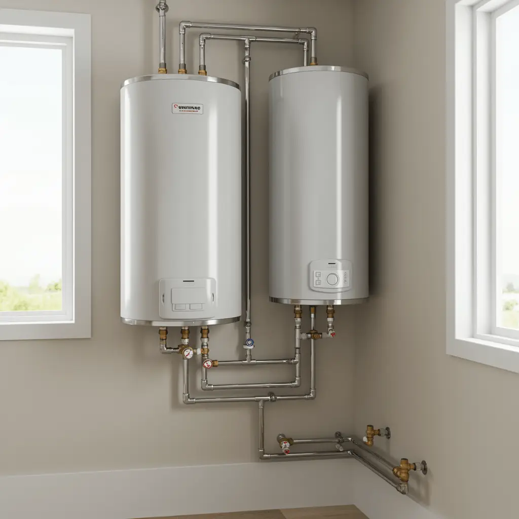 Newly installed modern water heater with clean, organized piping in a bright utility room