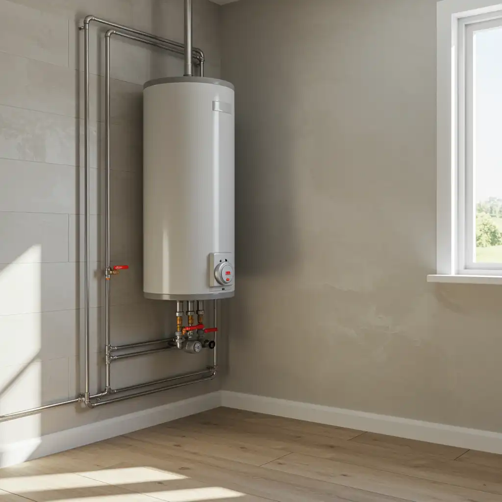 Newly installed water heater in a clean utility room with chrome pipes and bright, modern surroundings