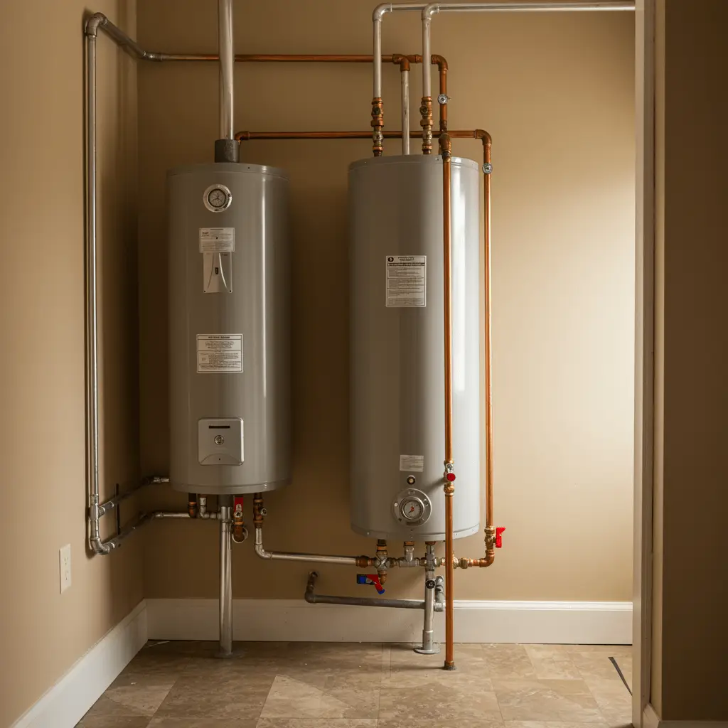Newly installed water heater with clean piping and modern connections in a spotless utility room