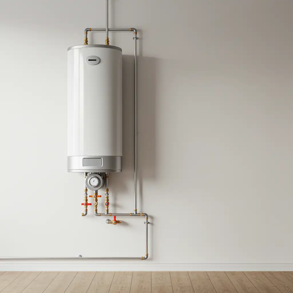 Newly installed water heater in a clean utility room with polished chrome pipes and neutral walls, showing the finished result of professional water heater repair
