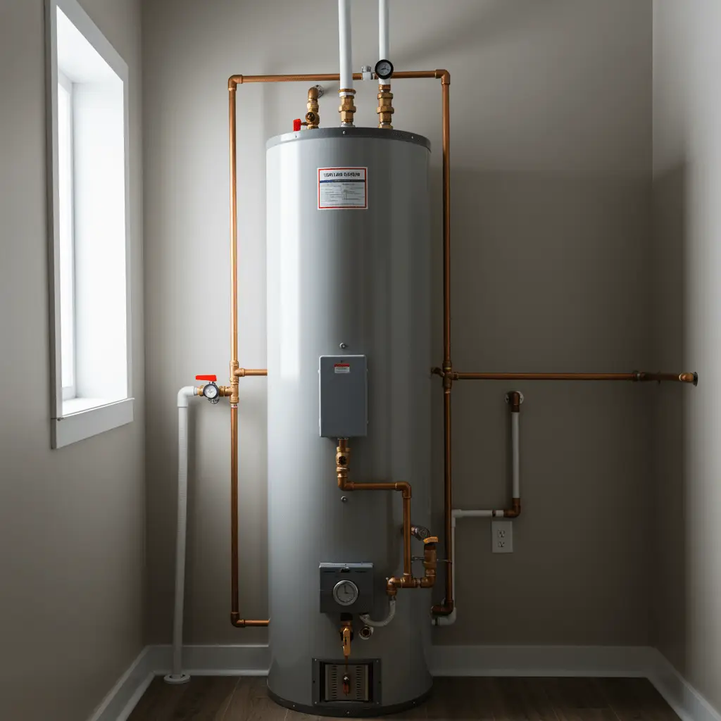 Newly installed water heater in a clean utility room, bright and modern setting