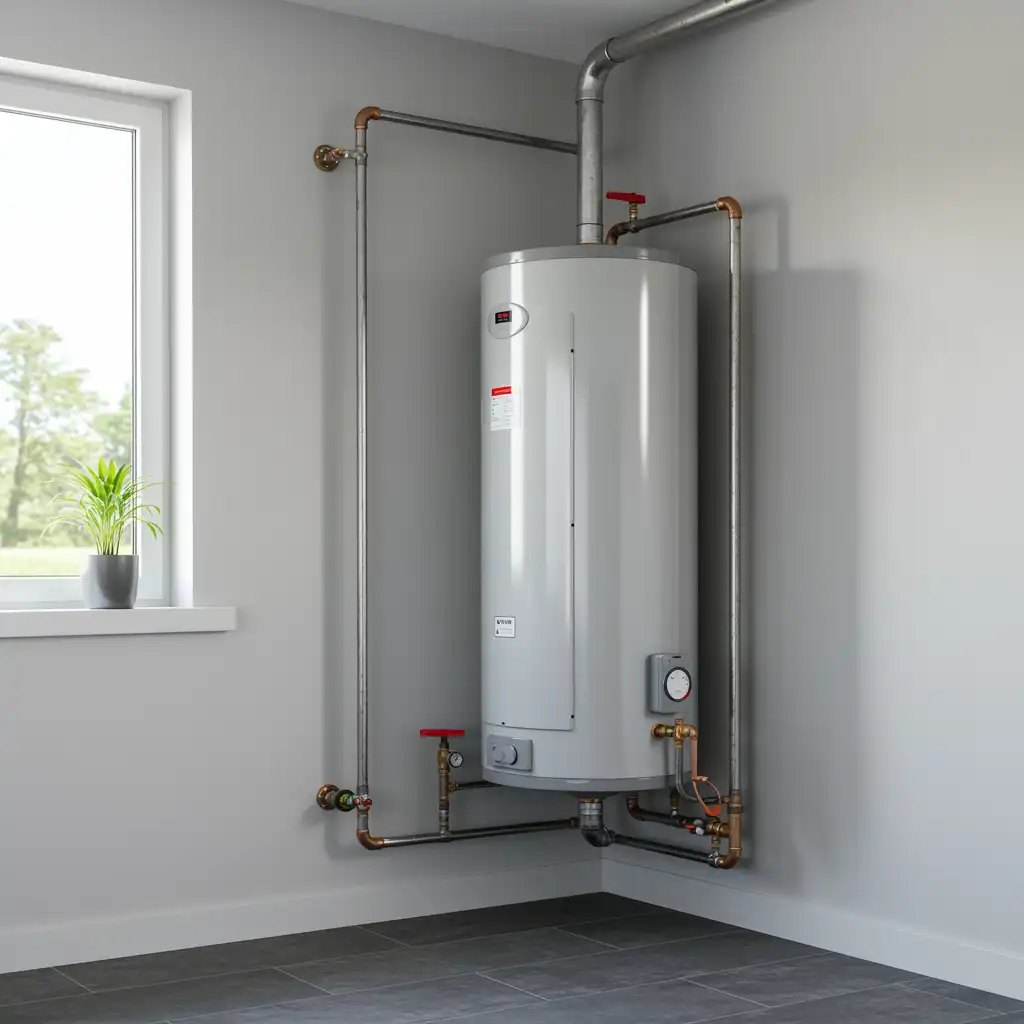 Newly installed water heater with modern chrome pipes in a clean utility room